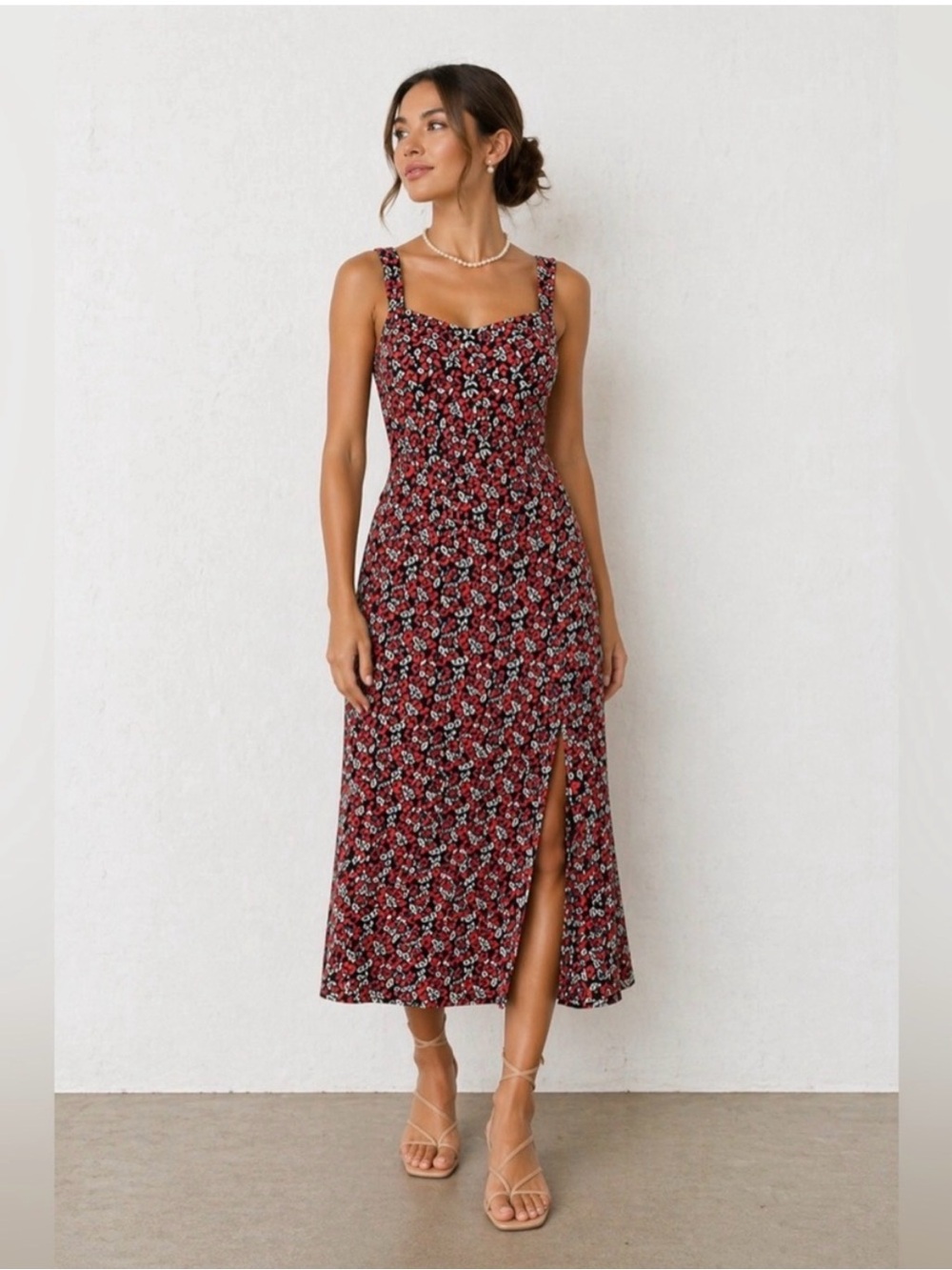 Zara Red Floral Midi Dress Side Slit Strappy A-Line Cottagecore XS feminine